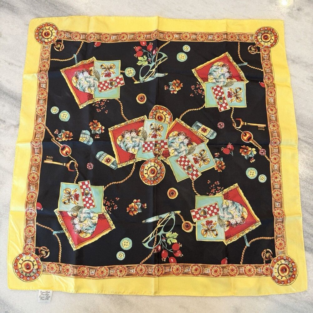 Vintage Square Silk Scarf Yellow & Black Cherubs Pocket Watches Rolled Edges EUC